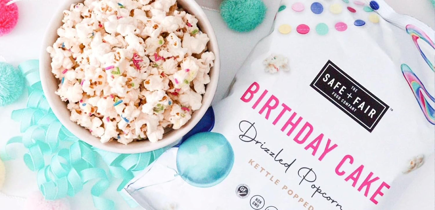 Safe + Fair Birthday Cake Drizzled Popcorn - Gluten-Free, Dairy Free and Vegan Snack - Free From Top 9 Allergens and Artificial Ingredients – Non GMO, Plant Based Kettle Popped Corn, 5.5oz, 6 Pack