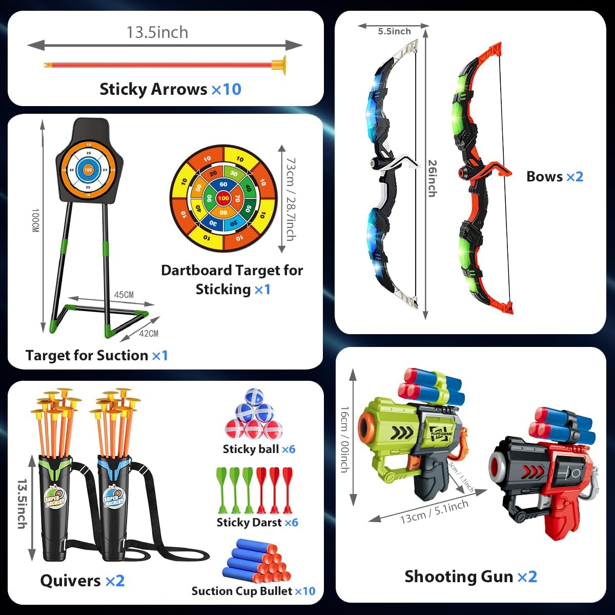 VATOS 2 Pack Bow and Arrow Toy for 5 6 7 8 9 10 11 Year Old Boys Girls, Light Up Archery Toy with Cup Suction Standing Target & 29 in Dart Board, Indoor Outdoor Activity Toys Birthday