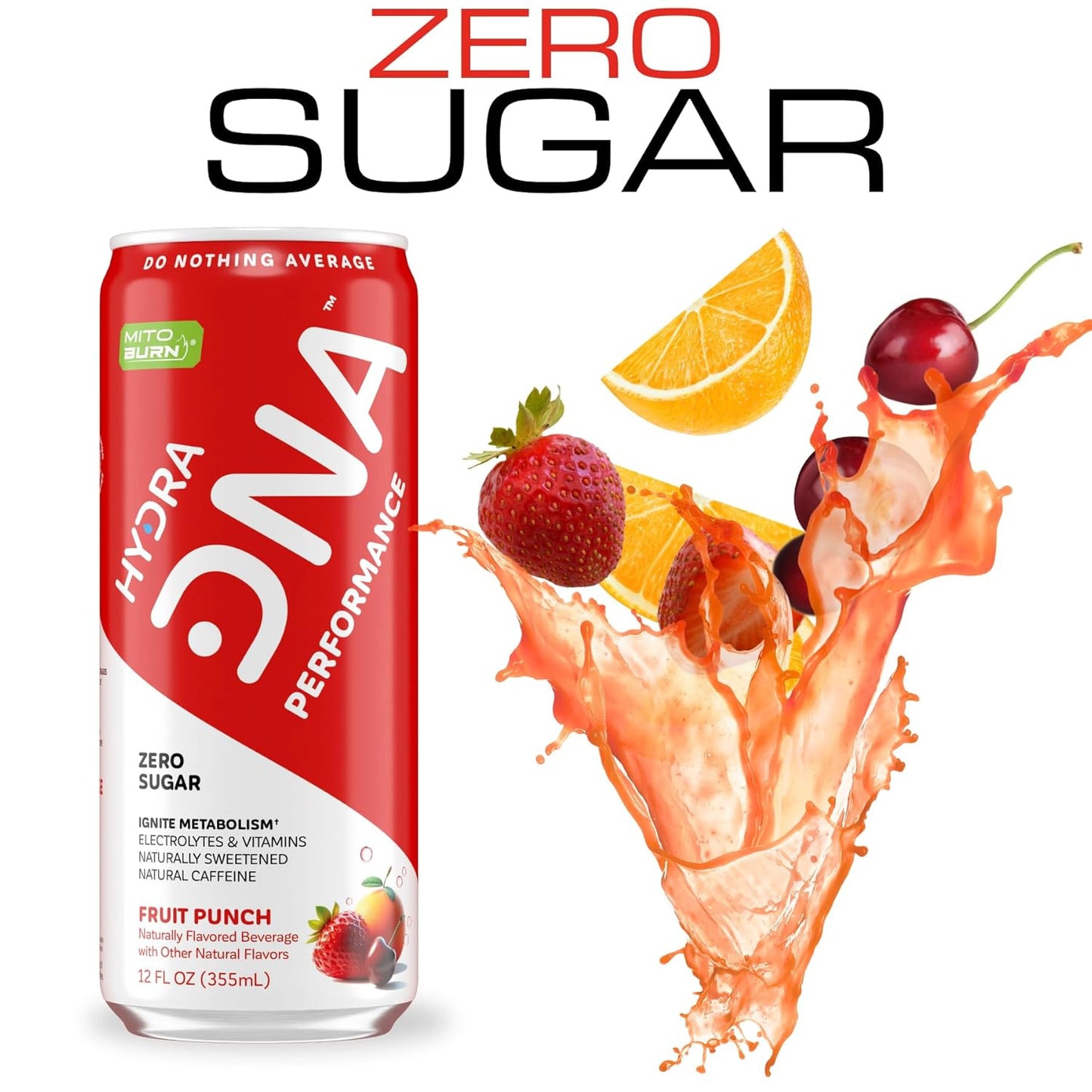 HYDRADNA- Clean Performance Drink, Zero Sugar | For Natural Fuel, Alertness, Boost, Stamina,120 mg Organic Caffeine, Natural Flavors, Zero Sucralose, Clean Ingredients (12 Pack) (12 Pack, Fruit Punch)