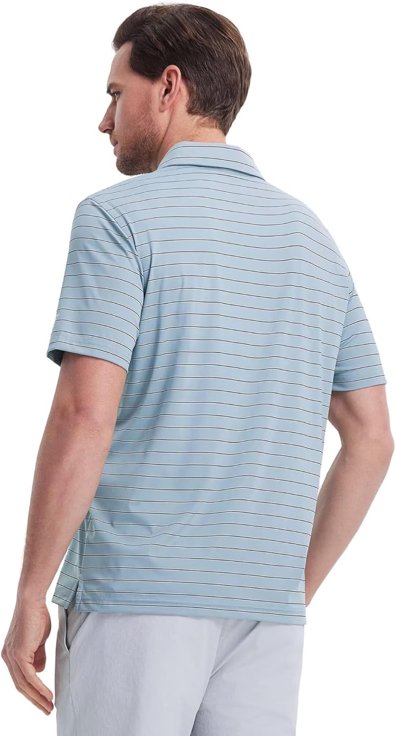 M MAELREG Mens Striped Golf Shirts Short Sleeve Silk-Like Touch Water-Resistant Breathable Soft Collared Polo Shirts for Men
