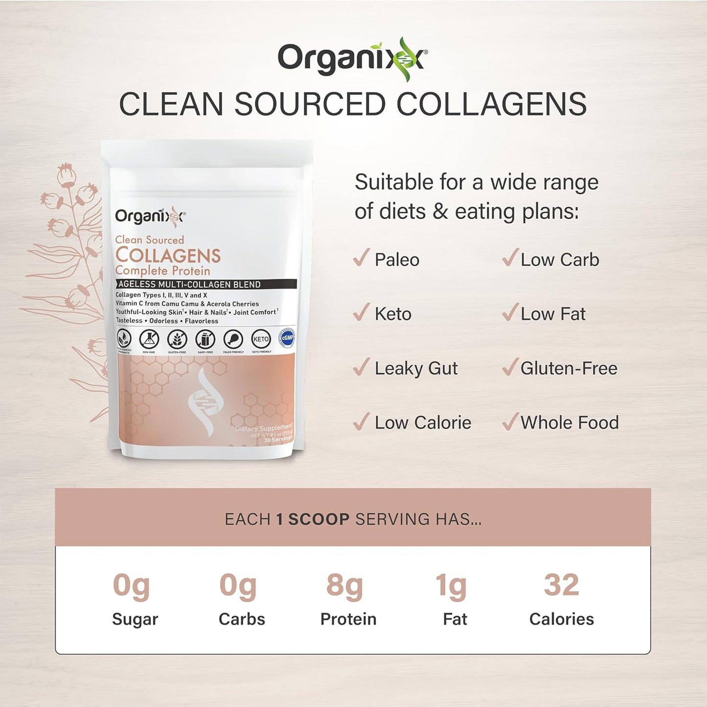 Organixx Collagen Peptides Powder with Vitamin C, Types I, II, III, V, X Hydrolyzed Collagen, Hair, Nail, Skin, Bone & Joint Health, Aging Support, Clean Sourced, Gluten Free, Unflavored, 30 Servings