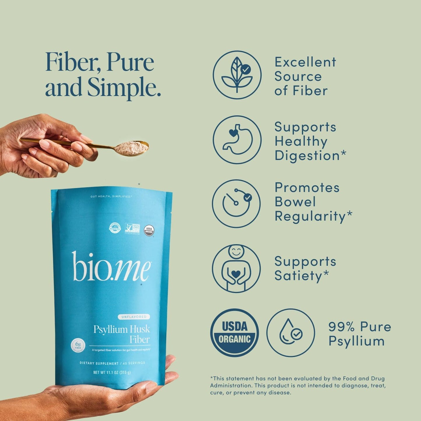 Psyllium Husk Fiber Unflavored (6g Per Serving) - Gluten-Free Fiber Supplement for Women & Men - Psyllium Husk Powder for Healthy Digestion, Bowel Regularity & Bloating Relief - 45 Servings