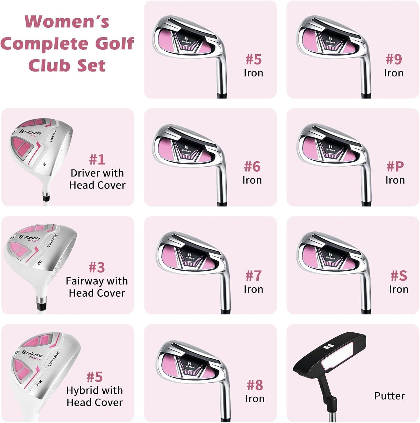 Tangkula 9/10/12 Pieces Women's Complete Golf Clubs Set, Golf Club Package Set with 460CC Driver, Fairway Wood & Hybrid, Irons, Putter, Portable Regular Golf Club Set