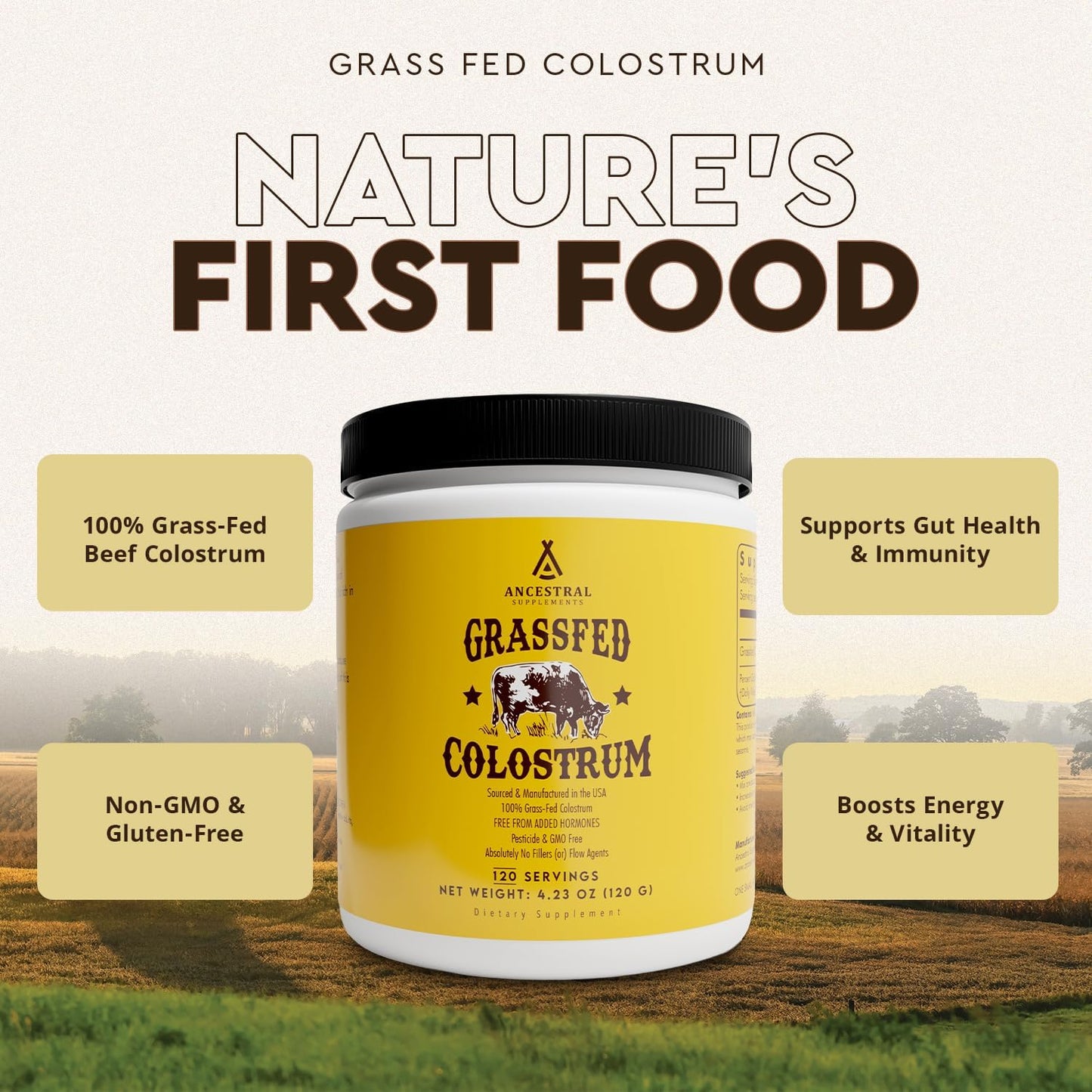 Ancestral Supplements Bovine Colostrum Powder - Grass Fed, Freeze Dried, Immune Support and Gut Health, 120 Servings