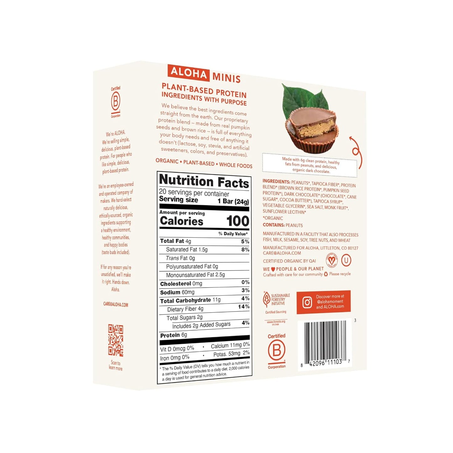 ALOHA Organic Plant Based Protein Bar MINIS |Peanut Butter Cup | 20 Count, 24g Bars | Vegan, Low Sugar, Gluten Free, Low Carb, Non-GMO, Stevia Free, Soy Free, No Sugar Alcohols