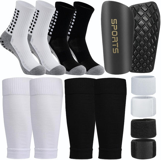 2 Pair Kids Grip Soccer Socks and 2 Pair Shin Guard Sleeves,1 Pack Shin Guards and 4 Shin Straps for Soccer Football Sports