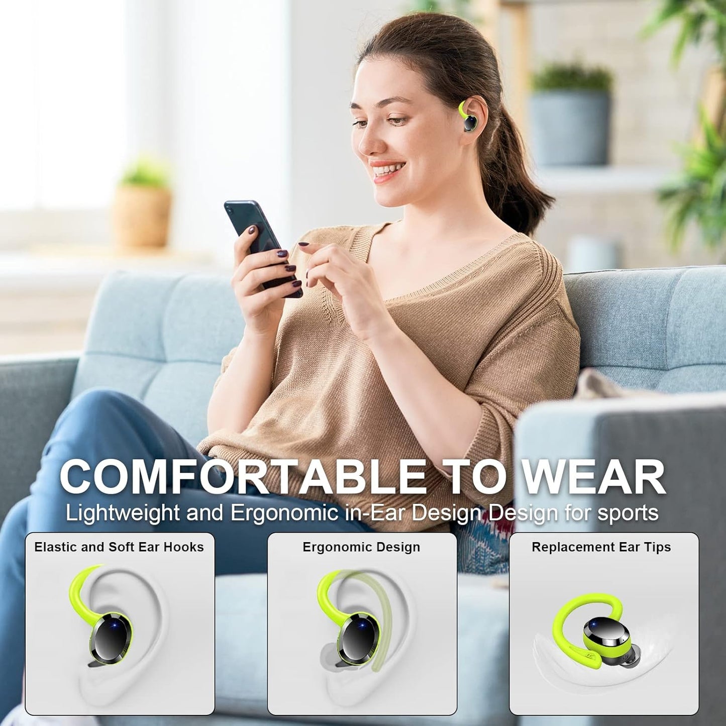 Wireless Earbuds Sport Bluetooth Headphones 5.4, 2025 Bluetooth Earbuds 4 HD Mic, Over-Ear Buds with Earhooks ENC Noise Canceling Earphones, 48Hrs Stereo, IP7 Waterproof Headset for Workout/Running