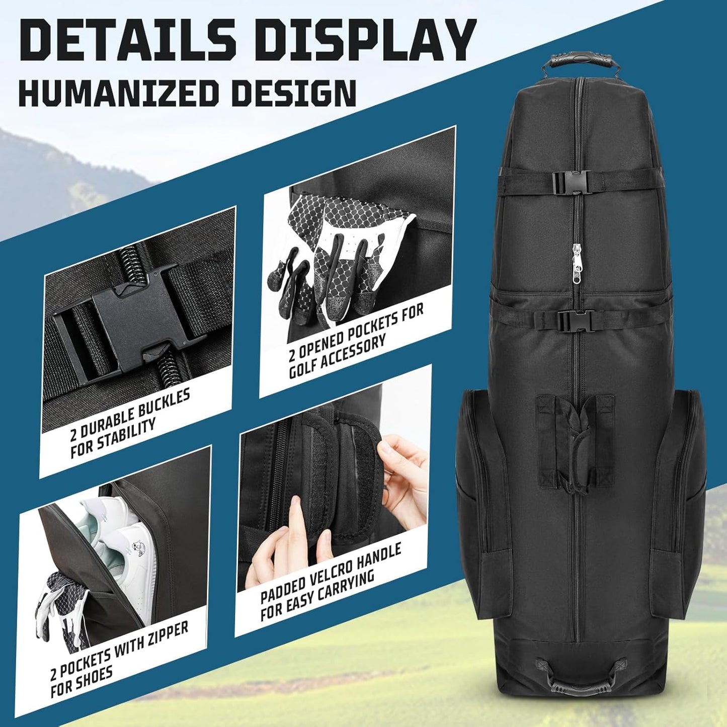 Golf Travel Bag with Wheels, Portable Golf Club Travel Cover for Airlines, 4 Large Pockets,1200D Heavy Duty Wear-Resistant, Soft Sided Foldable Golf Travel Case for Easy Storage