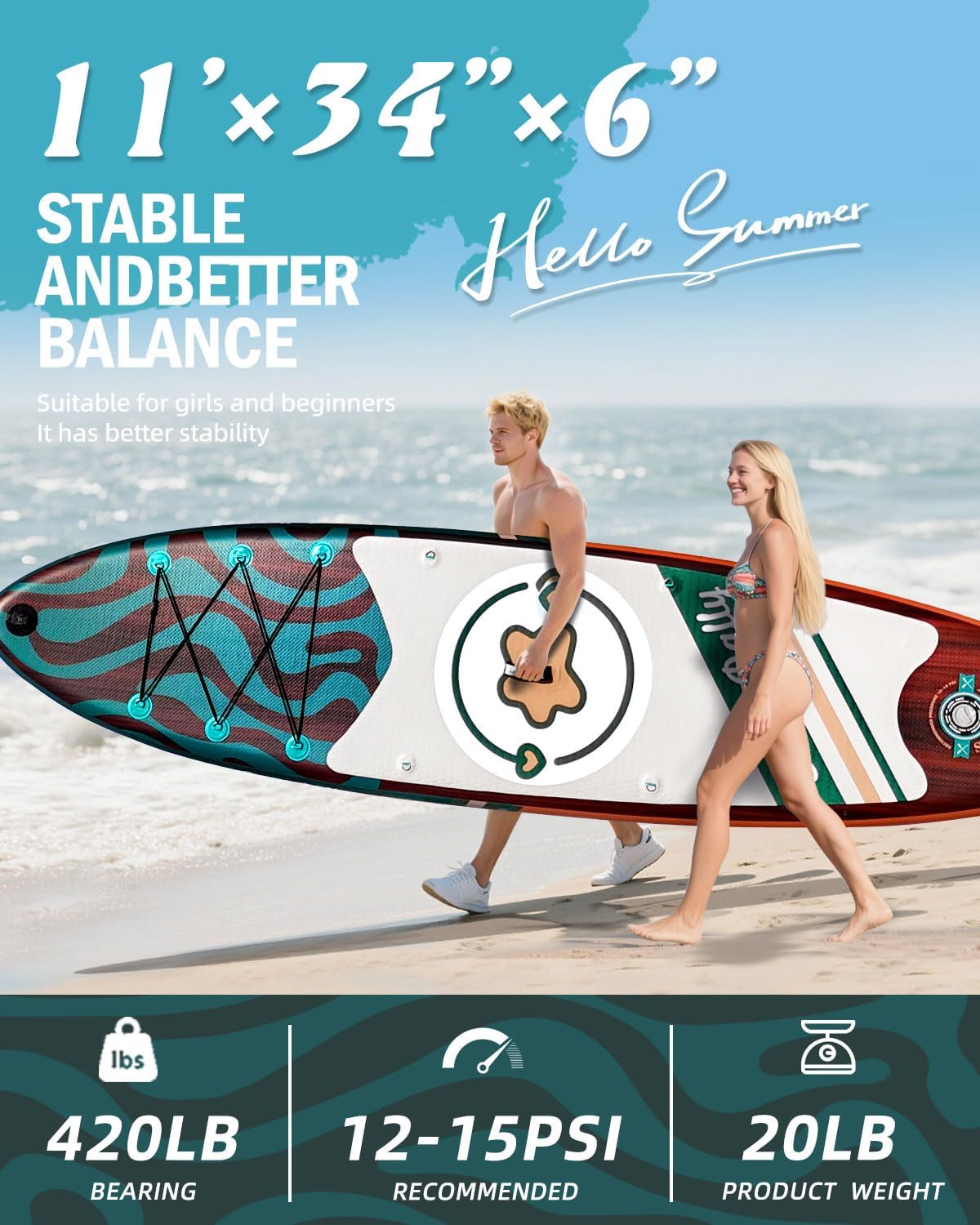 11'Stand Up Paddle Boards Surf Control with Premium SUP Board Accessories Backpack & Removable Fins, 34" Wide Inflatable Paddle Boards of All Skill Levels