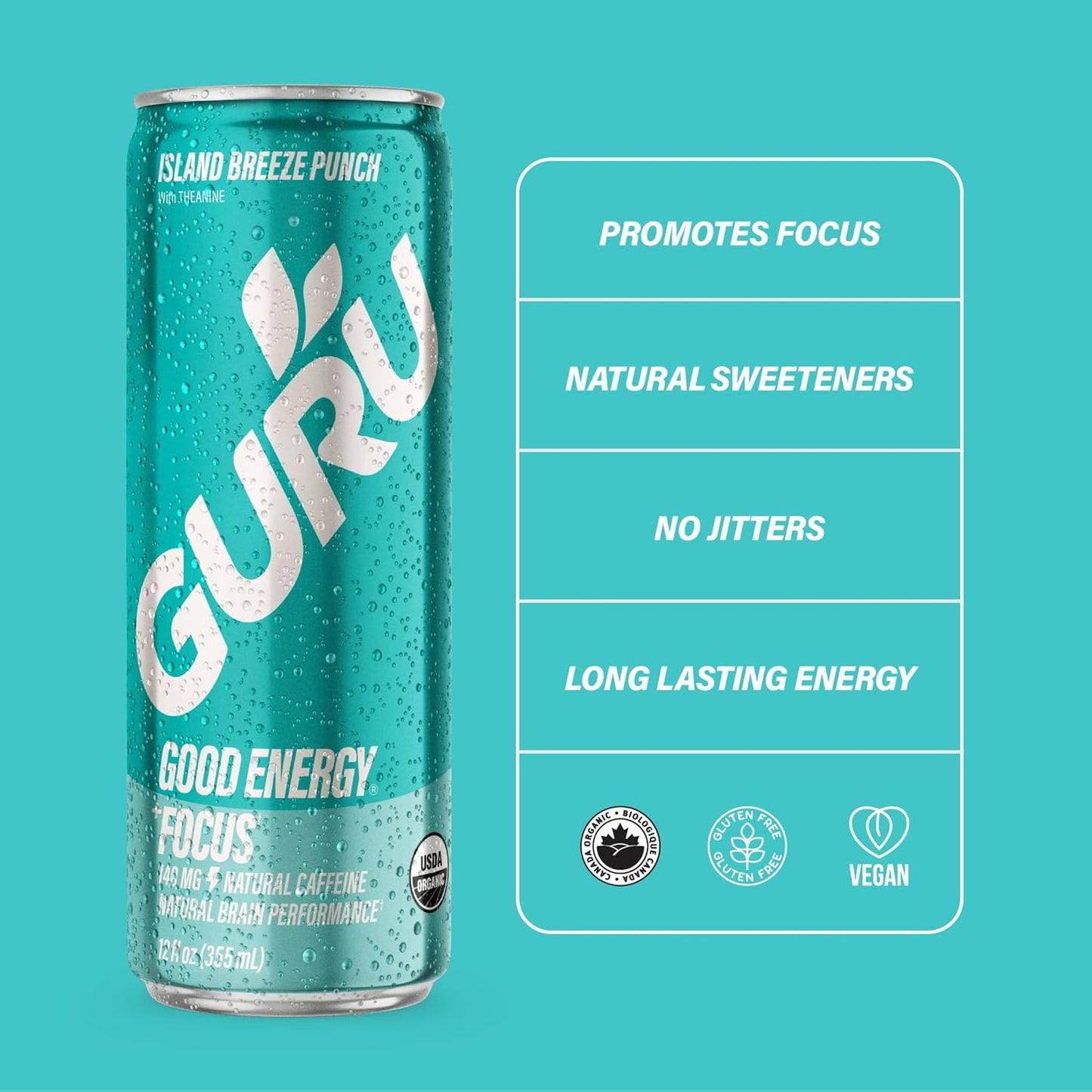 GURU Island Breeze Punch Organic Energy Drinks, Clean Energy Drink with Plant Based Natural Caffeine from Green Tea + Focus with L Theanine, Gluten Free and Vegan, 140MG Caffeine, 12oz (Pack of 24)