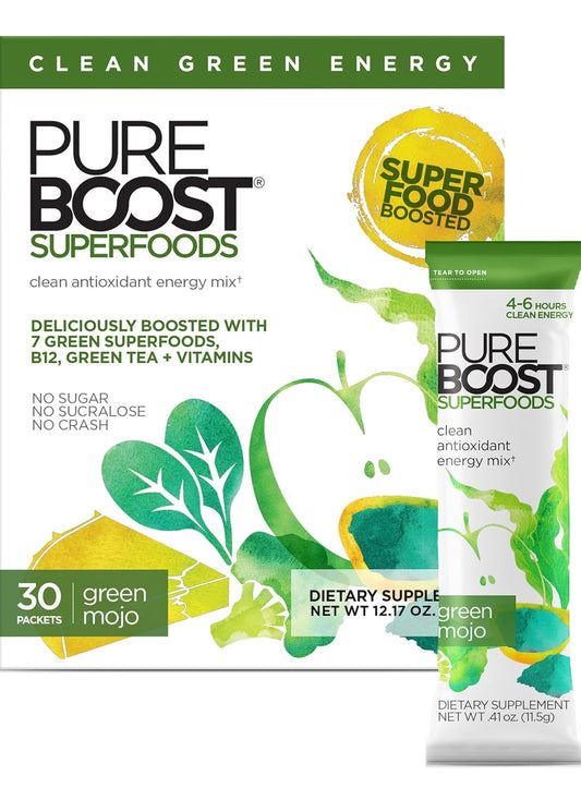 Pureboost Superfoods Clean Energy Booster, Energy Drink Mix Powder with 7 Organic Green Superfoods; Spirulina, Kale, Broccoli and Vitamins, Green Apple, Pineapple, Mango (Green Mojo, 30 Count)