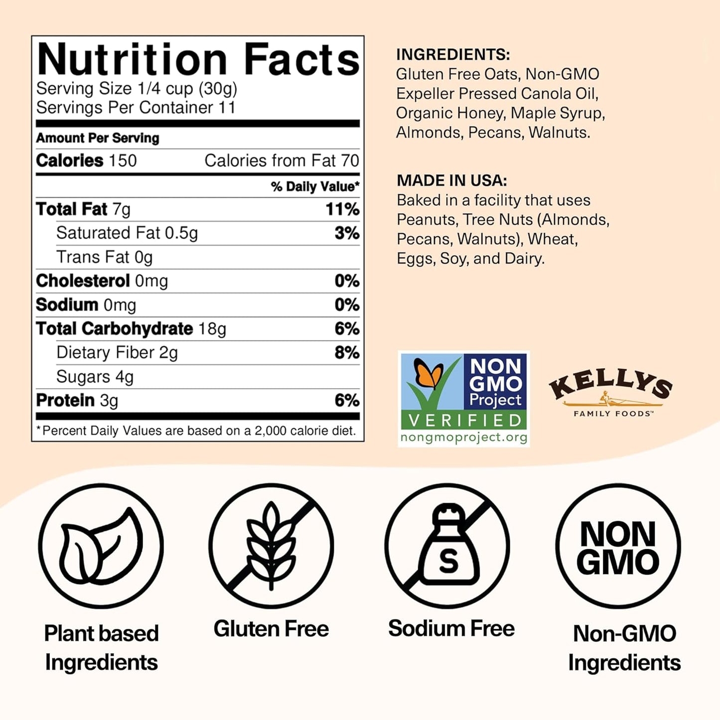 Kelly's Four Plus Granola (Nutty) Healthy Granola Cereal with Whole Grain Oats, Honey, Maple Syrup - Non-GMO, Low Sugar, Sodium Free and Gluten Free for Yogurt - 12oz - Pack of 6