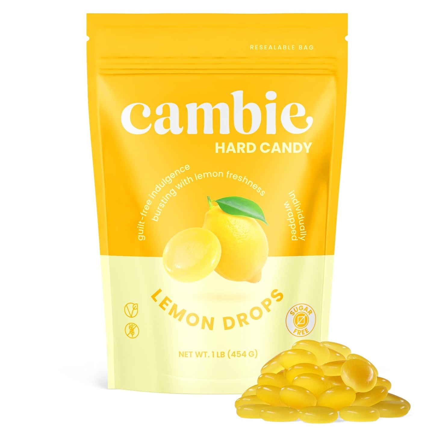 Cambie Sugar Free Lemon Drops, 1 lb of Sugar Free Hard Candy, Individually Wrapped Lemon Drops with a Refreshing & Sweet Citrus Flavor, Packaged Fresh in a Resealable Pouch