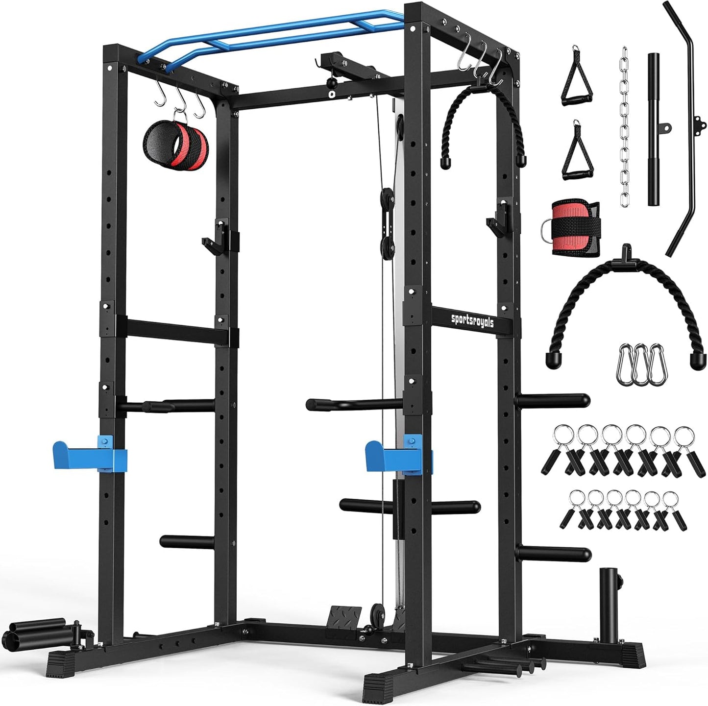 Sportsroyals Power Cage,1600lbs Multi-Function Power Rack with Adjustable Cable Crossover System and More Training Attachment, Weight Cage for Home Gym