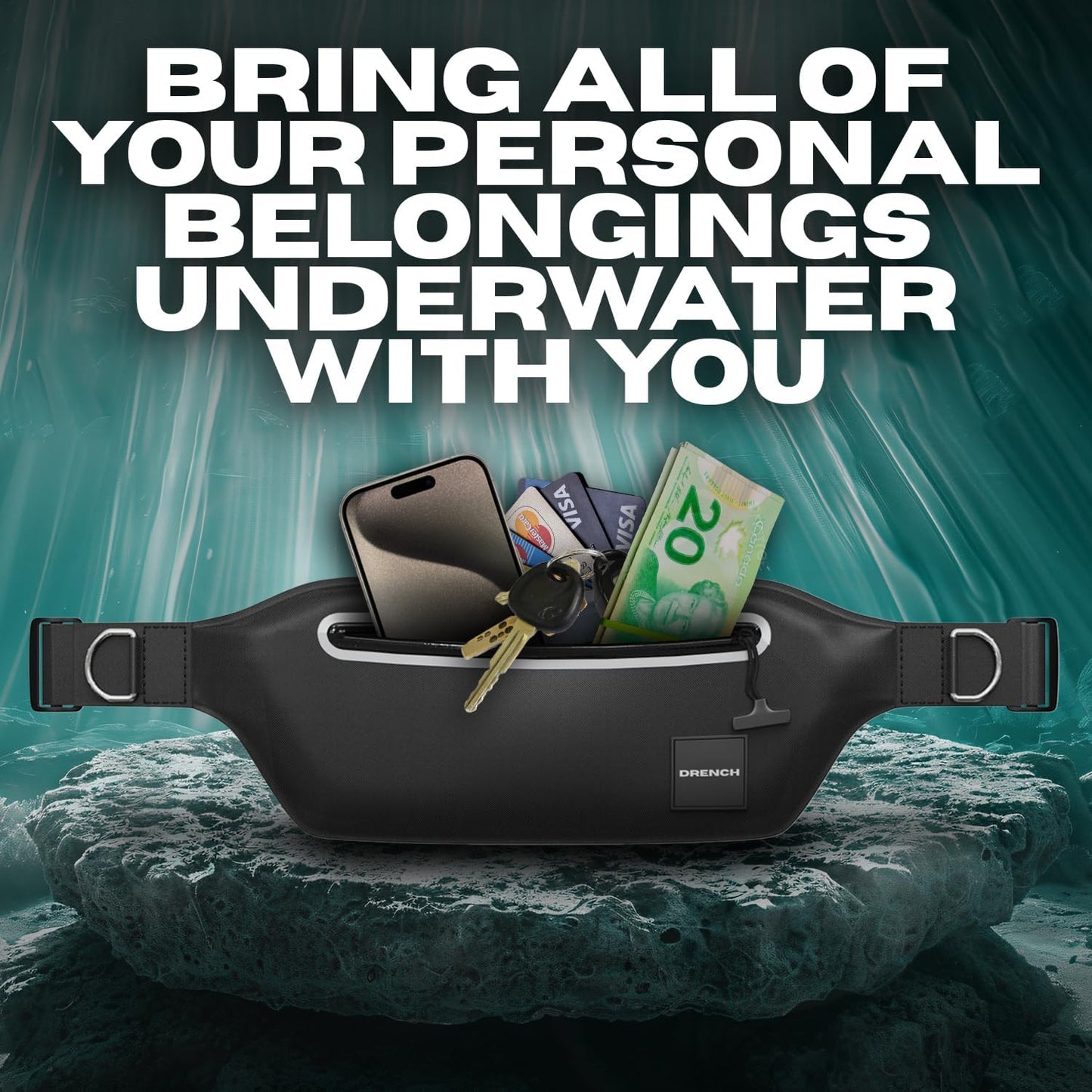 DRENCH 100% Underwater Waterproof Fanny Pack. Waist Pack. Submersible Waterproof Phone Pouch. Dry Bag for Swimming & Snorkelling. Underwater Phone case. (black with 2 rings)