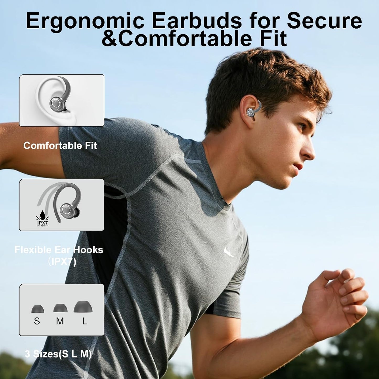 Wireless Earbuds Bluetooth 5.3 Headphones Sports, 48Hrs Playtime Bluetooth Earbuds with CVC 8.0 Mic, Stereo Bass Over Ear Bud with Earhooks, LED Display, IP7 Waterproof Earphon for Running Gray