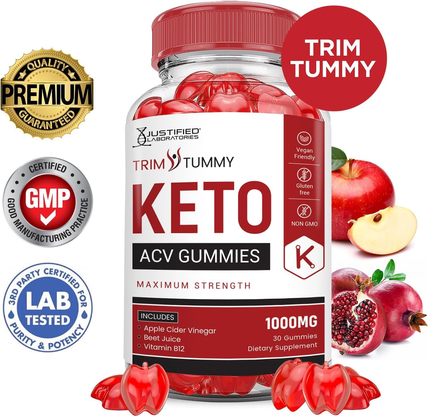 Justified Laboratories (3 Pack Trim Tummy Keto ACV Apple Cider Vinegar Formulated with Pomegranate Beet Juice Powder B12 Vegan Non GMO 180 Gummies