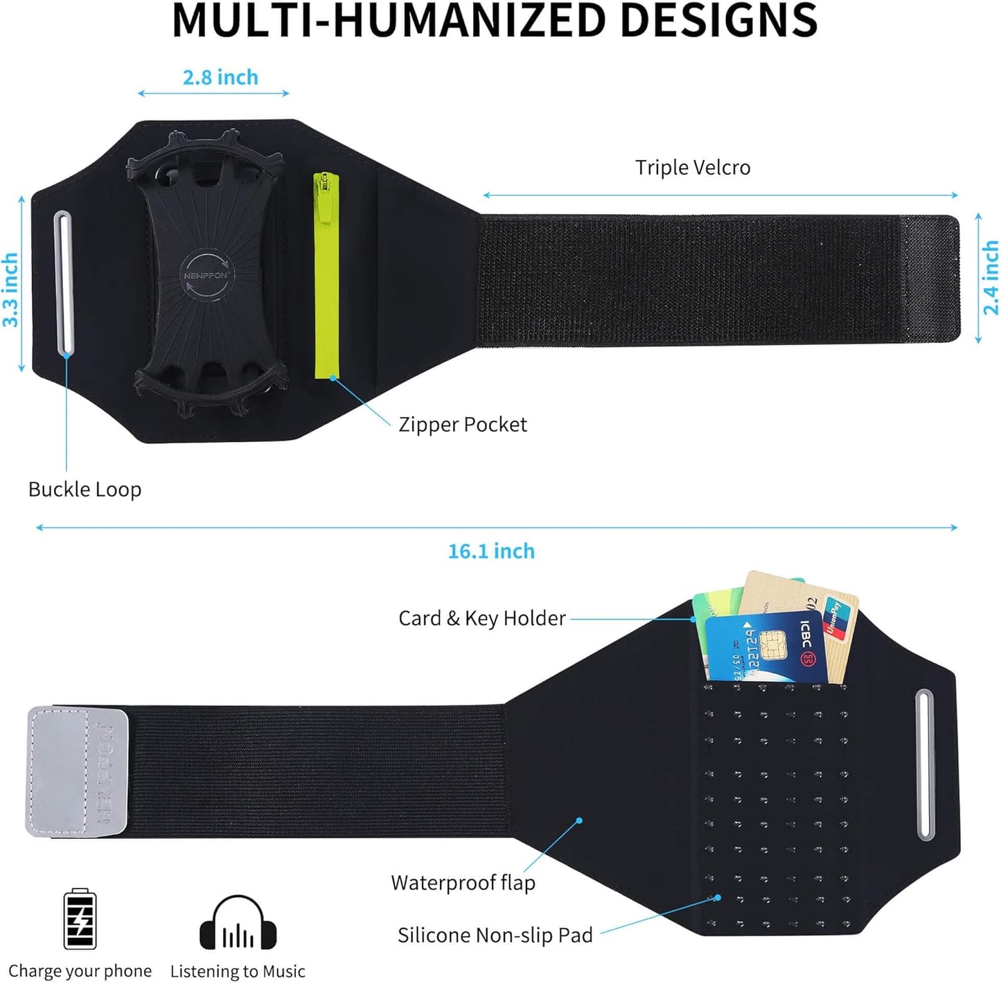 Detachable & 360° Rotatable Running Armband -with Reflective Strap Zipper Pocket & Earphone Bag for iPhone 16 15 14 Pro Max Plus Samsung Galaxy – Workout Exercise Phone Holder with Card Key Slot