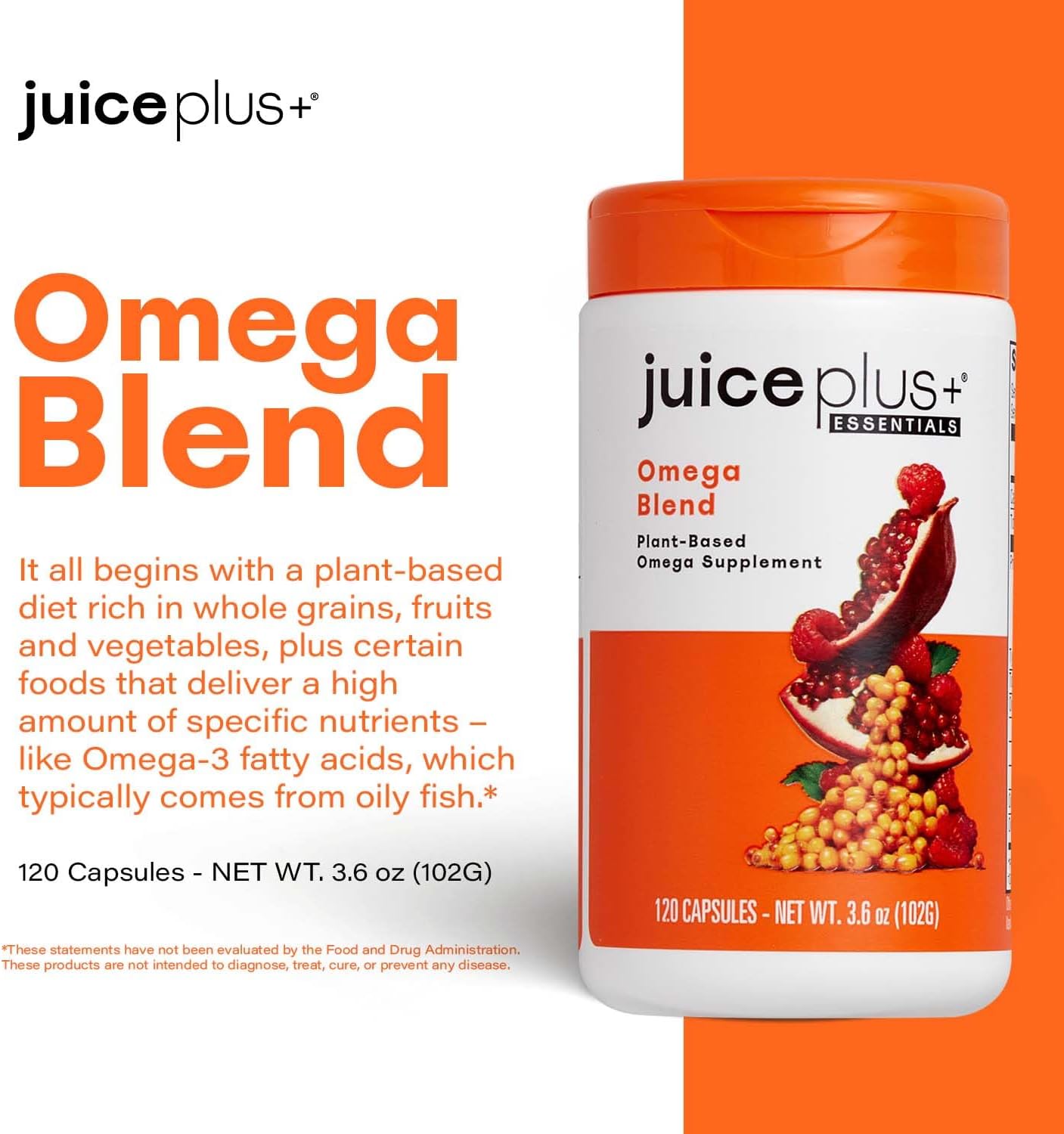 Juice Plus+ Omega Blend - Vegan, Fish-Less, No Aftertaste - Omega 3, 5, 6, 7 & 9 Fatty Acids from Algae & Seeds - DHA, ALA & EPA for Brain & Vision - 1 Bottle (60 Servings)