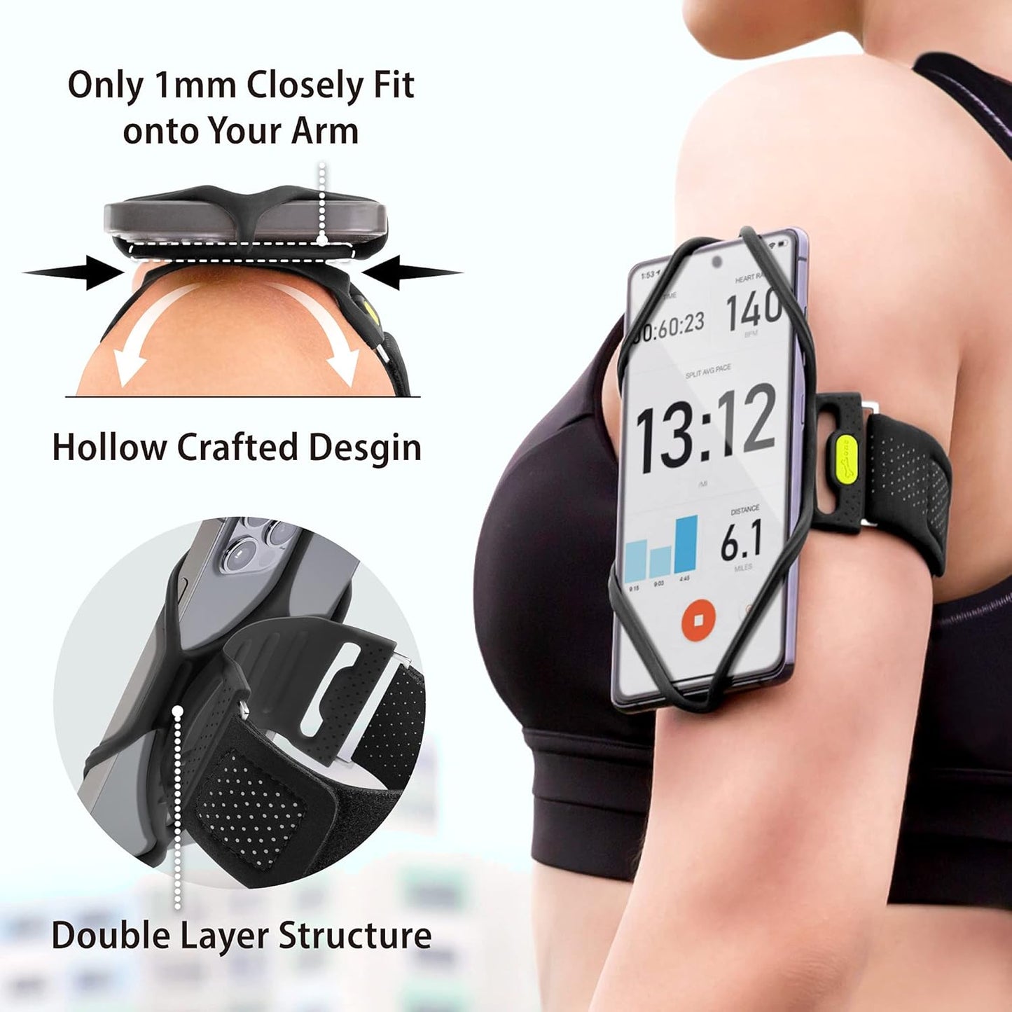 BONE Run Tie 2, Running Phone Holder, Skin-Friendly Silicone Sport Armband with Dual Layer Design for Heat-Dissipation, Workout Phone Carrier for Most Smartphone (S Arm Size/7.9-9.8 inches)
