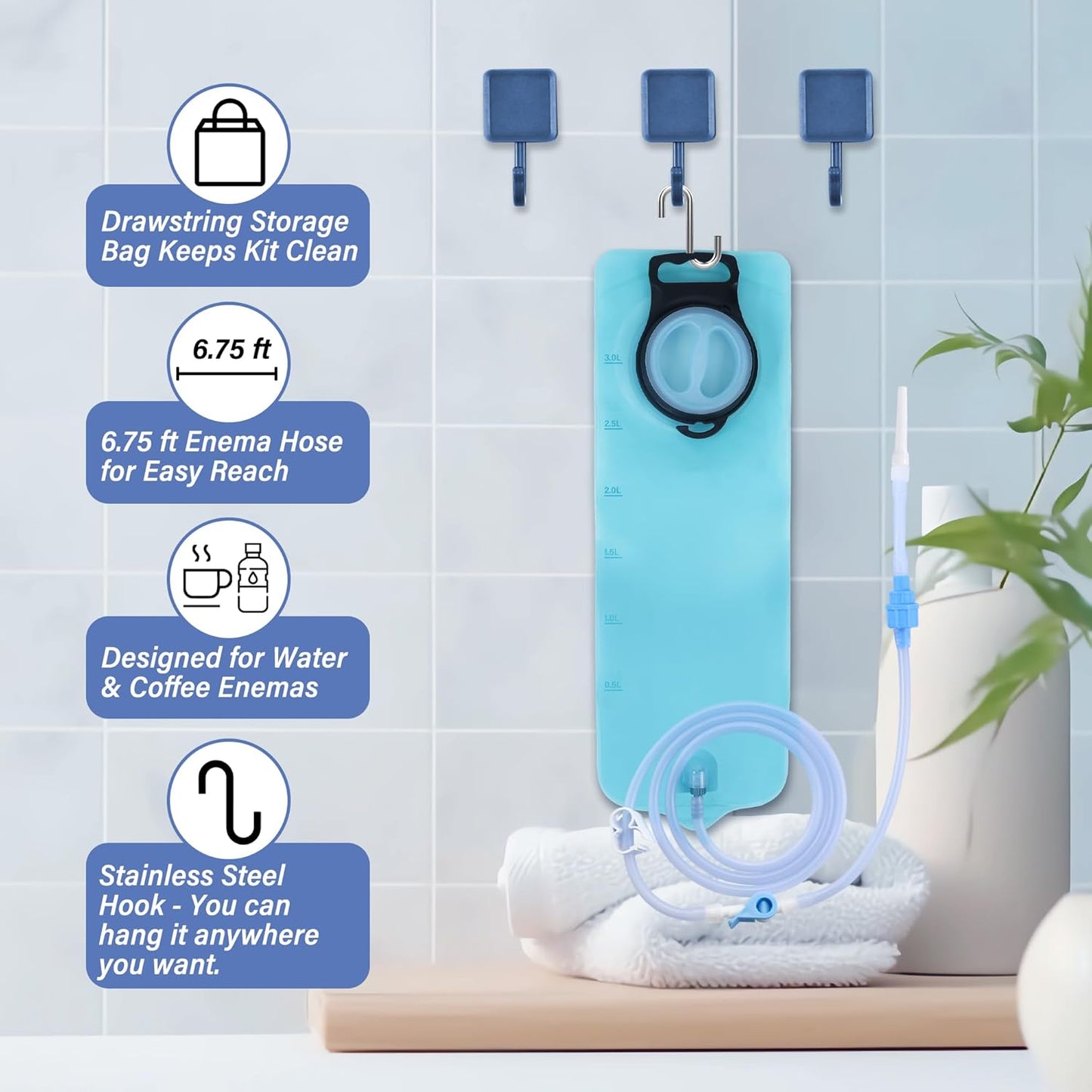 TopQuaFocus 3Qt Home Coffee Enema Bag kit with 6.5FT Silicone Tube Portable Enema Bag for Men Women Colon Cleansing Shower Enemas