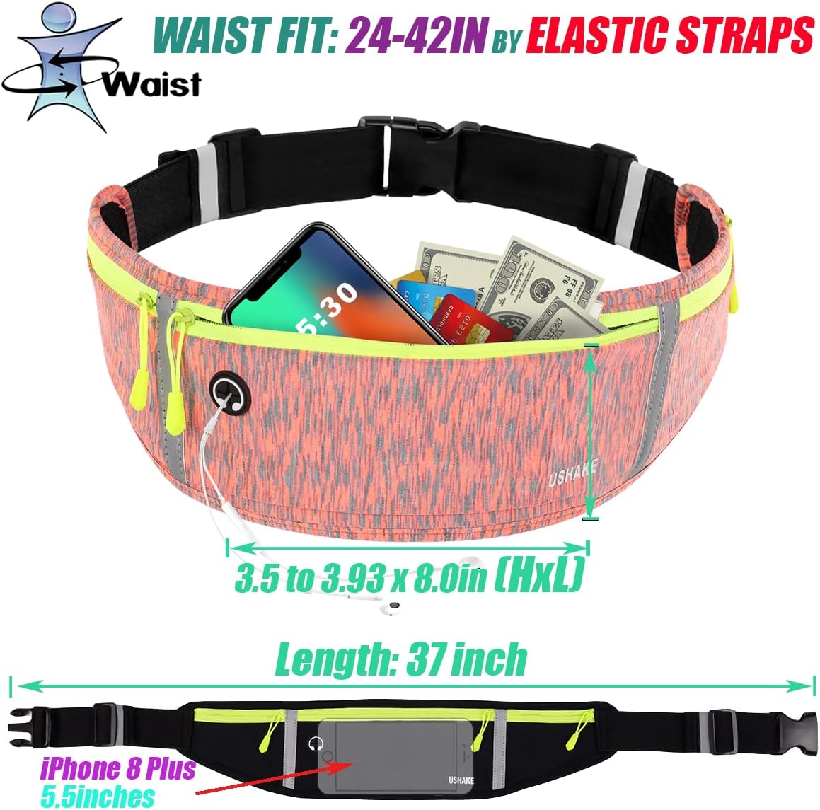 USHAKE Slim Running Belt, Workout Fanny Pack for Men Women,Exercise Waist Pack for Apple iPhone Holder, Runner Belt for Running Walking Cycling Camping Gym