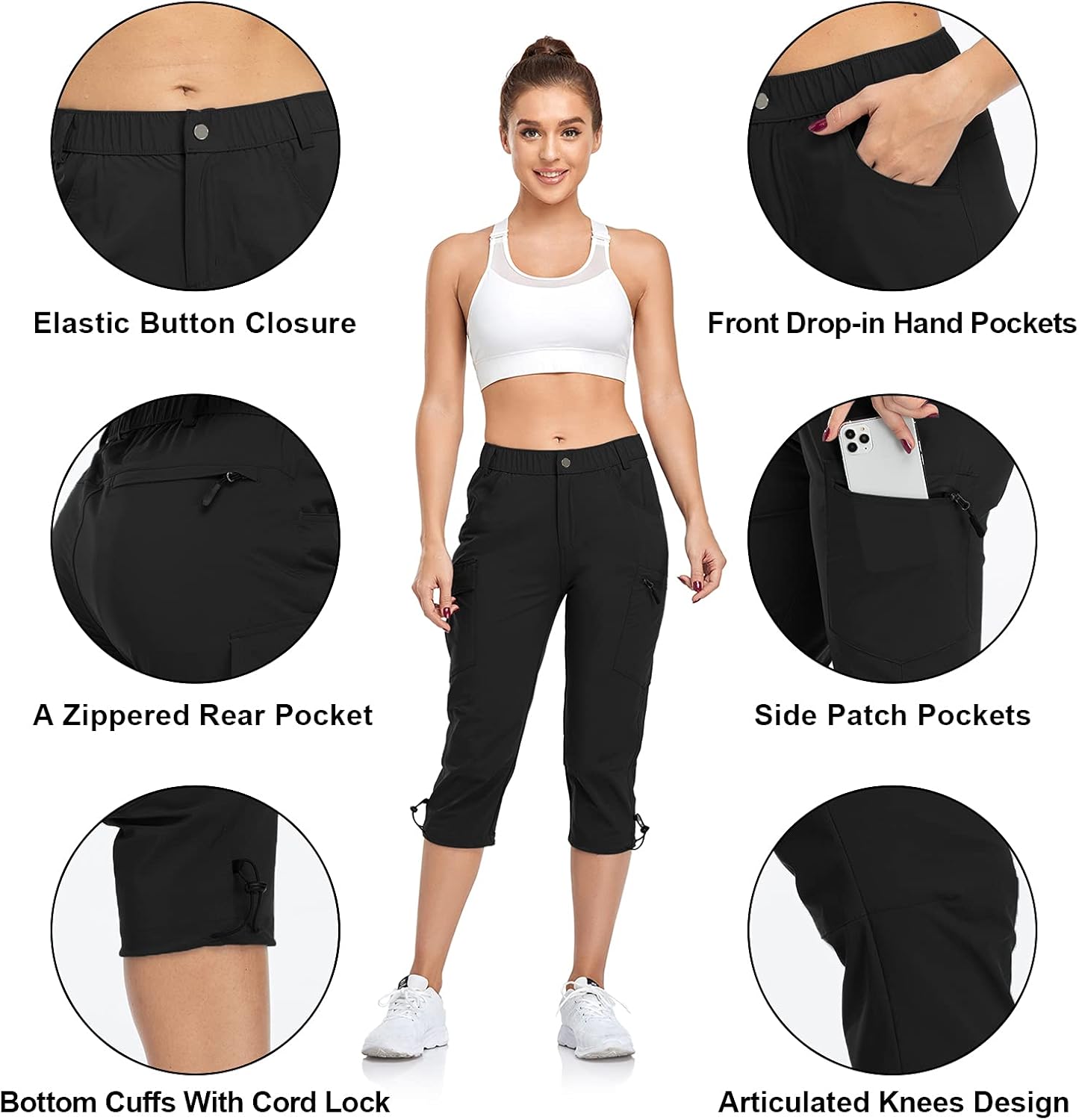 GymBrave Women's Hiking Cargo Pants Quick Dry Outdoor Camping Capris Water Resistant UPF 50 with Zipper Pockets