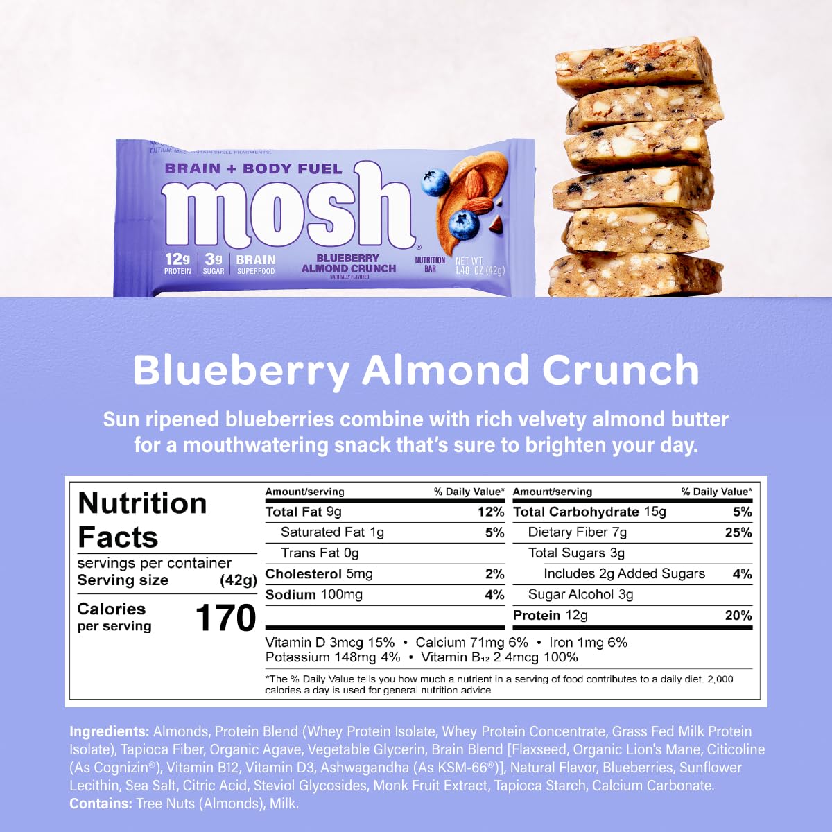 MOSH Blueberry Almond Crunch Keto Protein Bars, High Fiber, Low Carb, Gluten Free, High Protein, Brain Healthy Snack, 12 Count