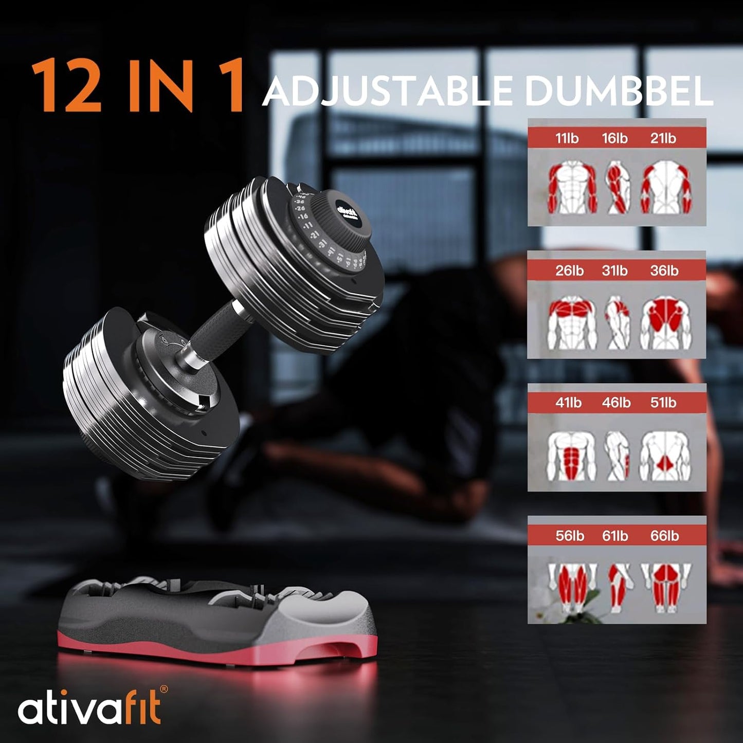 Ativafit 27.5/66/88LBS Pair Adjustable Dumbbell Set with Anti-slip Handle 12 In 1 Quick Dial Adjustment Weights With Safety Locking Button Space Saving Strength Training for Full Body Home Gym Workout