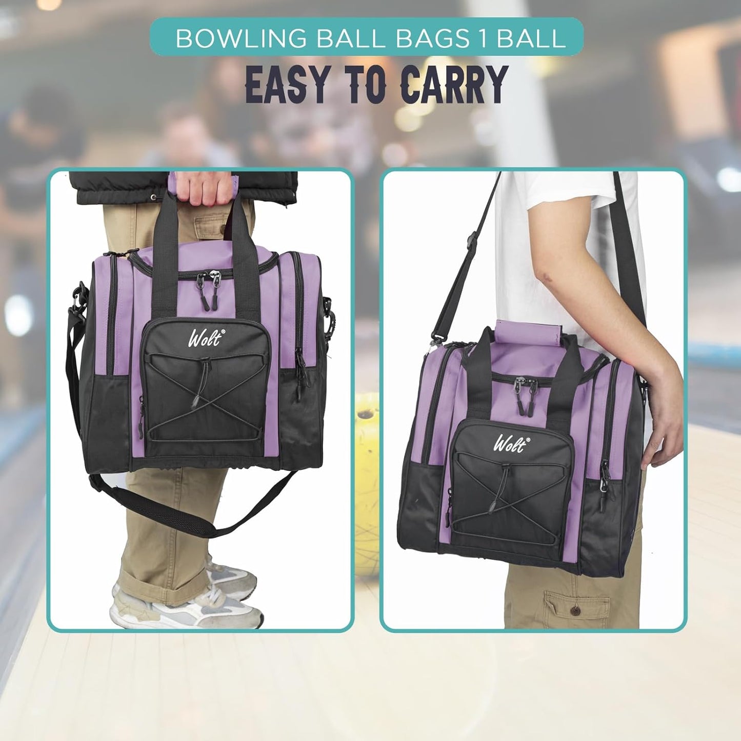 WOLT Bowling Ball Bag for Single Ball - Bowling Ball Tote Bag with Padded Ball Holder, 2 Pockets fit Bowling Shoes Up to Mens Size 14 and Accessories