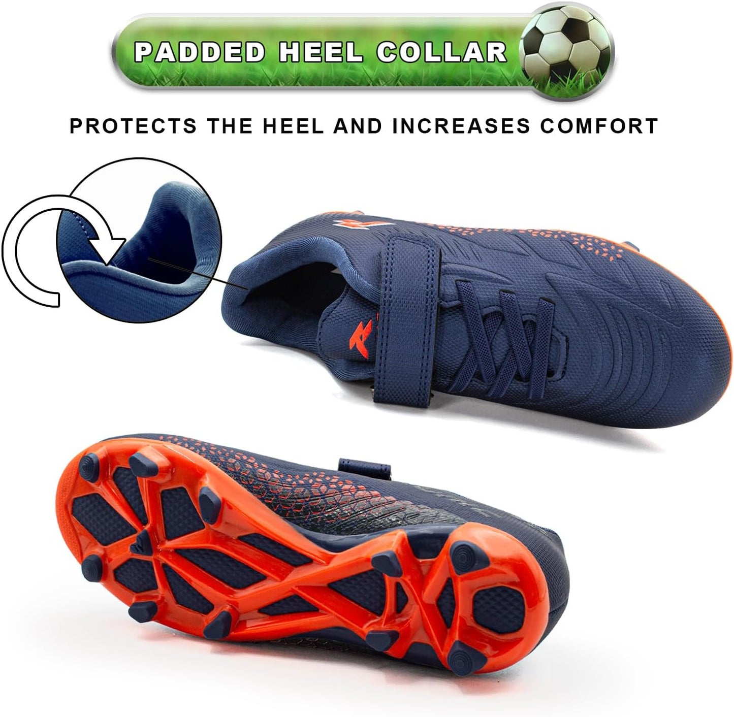 RUNIC Kids Soccer Cleats for Boys and Girls - Small and Big Kid Athletic Outdoor Football Shoes - Firm Ground - Hook and Loop Closure - Black/Gold