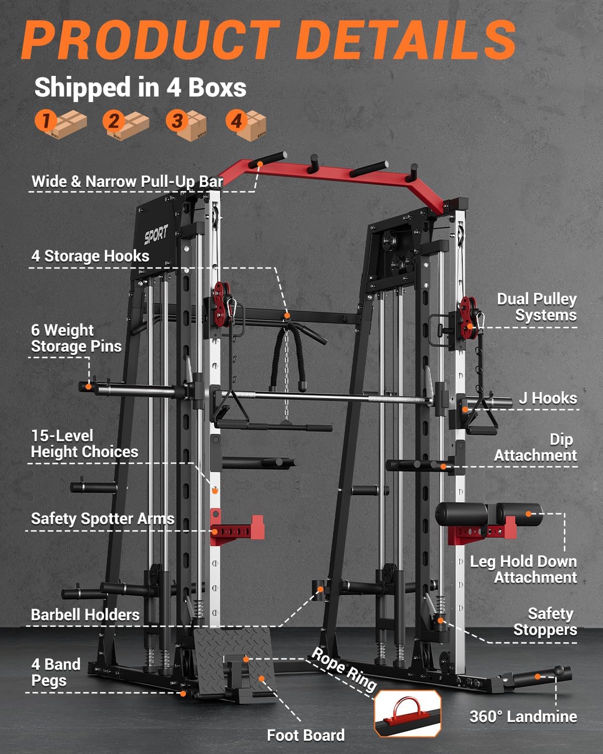 Smith Machine Home Gym, 2200 LBS All in One Squat Rack Power Cage with Smith Bar, Cable Crossover System & LAT-Pull Down System, Training Equipment