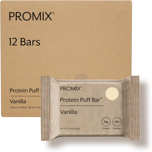 ProMix Nutrition Protein Puff Bars, 12-Pack - Madagascar Vanilla - Marshmallow Crispy Treat - Great Tasting & Healthy On The Go Snack - High Protein & Low Calorie - Non-GMO & Free From Gluten, Soy, & Corn.