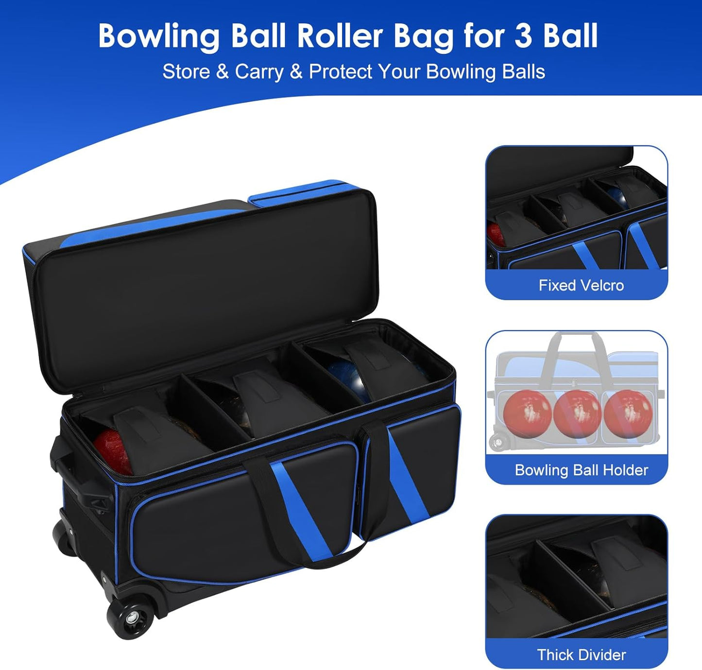 3 Ball Bowling Bag with Wheels, Bowling Bag 3 Ball Roller with Shoe Compartment (Fits Up to Size 16), with Multi-pocket and Retractable Handle Extends to 41.5"