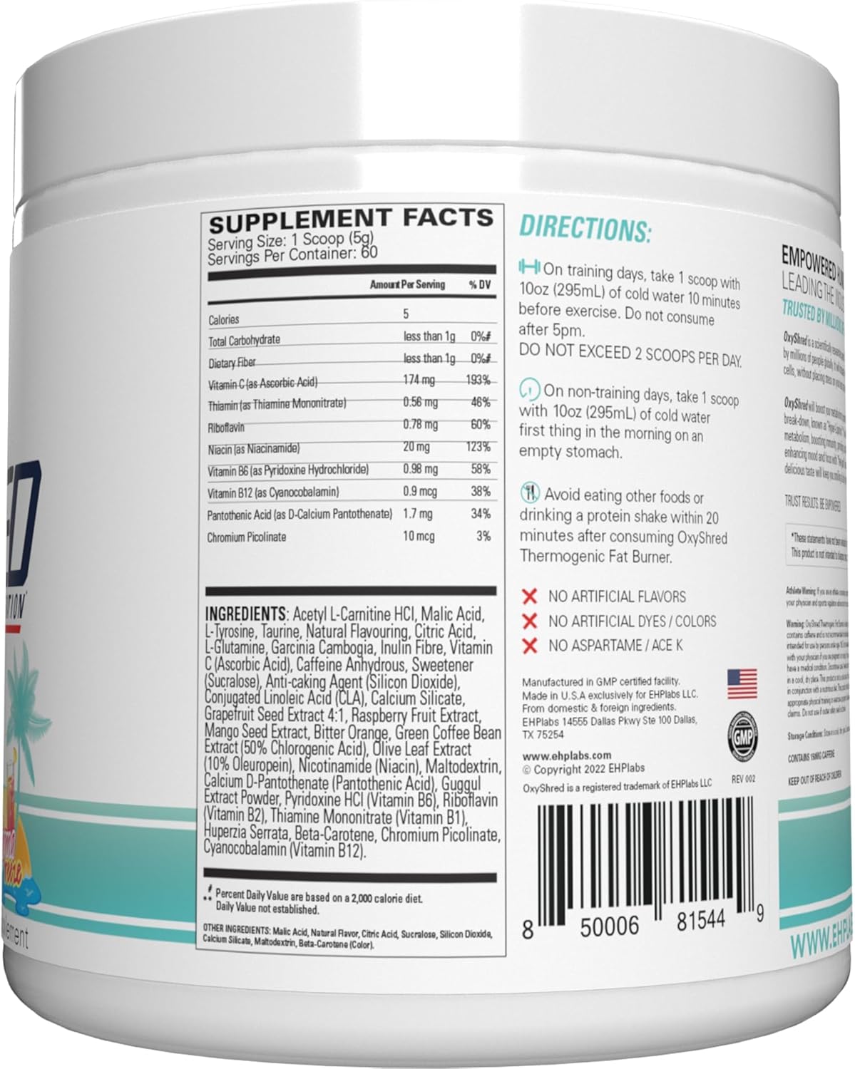 EHP Labs OxyShred Pre Workout Powder - Preworkout Powder with L Glutamine & Acetyl L Carnitine, Energy Boost Drink - Bahama Breeze, 60 Servings