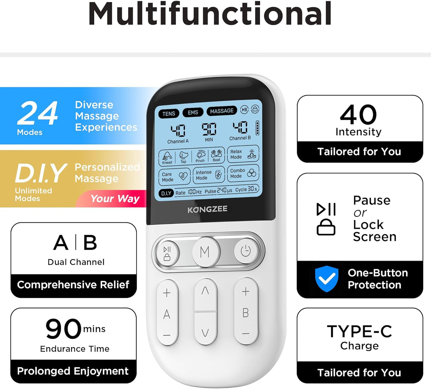 4 in 1 - D.I.Y & Tens Unit & EMS & Massage Muscle Stimulator, Dual Channel TENS Units Therapy Machine for Pain Relief, FDA Cleared Rechargeable Electronic Pulse Massager, with 12pcs Electrode Pads.