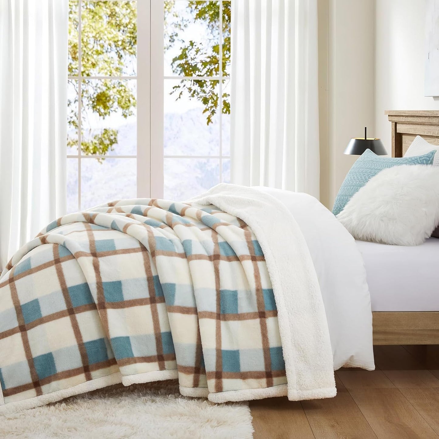 PU MEI Super Soft Faux Rabbit Fur Sherpa Fleece Throw Blanket, Reversible Luxury Cozy Cute Furry Blanket, Plush Warm Shaggy Fluffy Checkered Blankets for Sofa Couch Bed (Green-Plaid, 80" x 90")