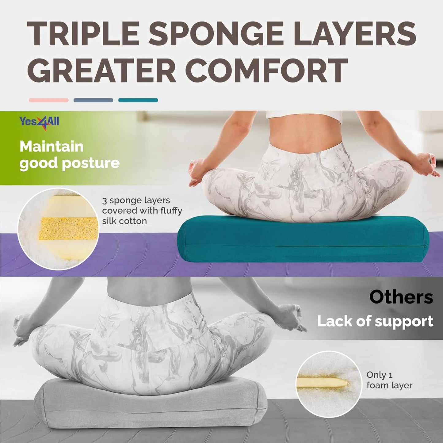 Yes4All Triple-Layer Sponge Yoga Bolster Pillow for Restorative Yoga & Meditation - Versatile Yoga Support Pillow, Balance & Poses Modification