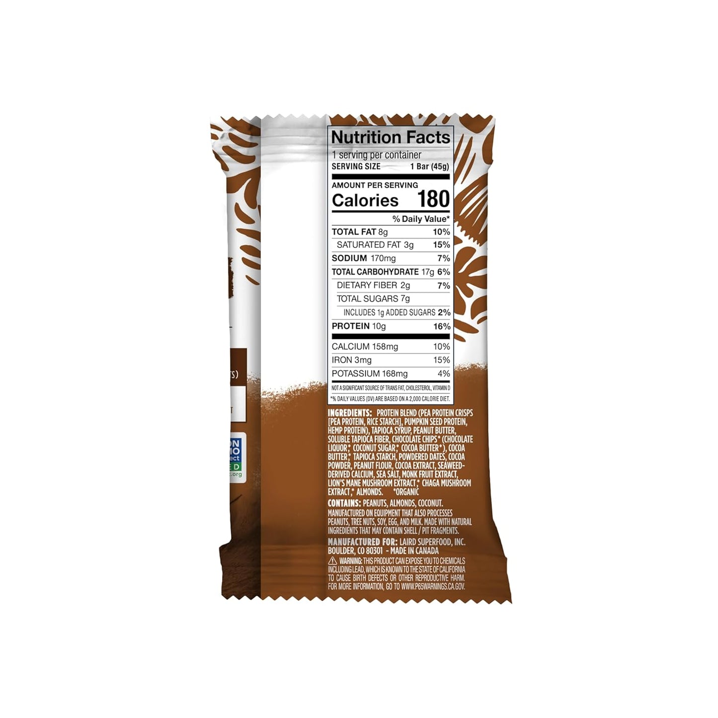 Laird Superfood Functional Protein Bars, Protein Bar but Better with Real Ingredients, Functional Mushrooms 10g Plant-Based Protein, 6g Fiber, Double Chocolate Peanut Butter, 10 Count (Pack of 1)