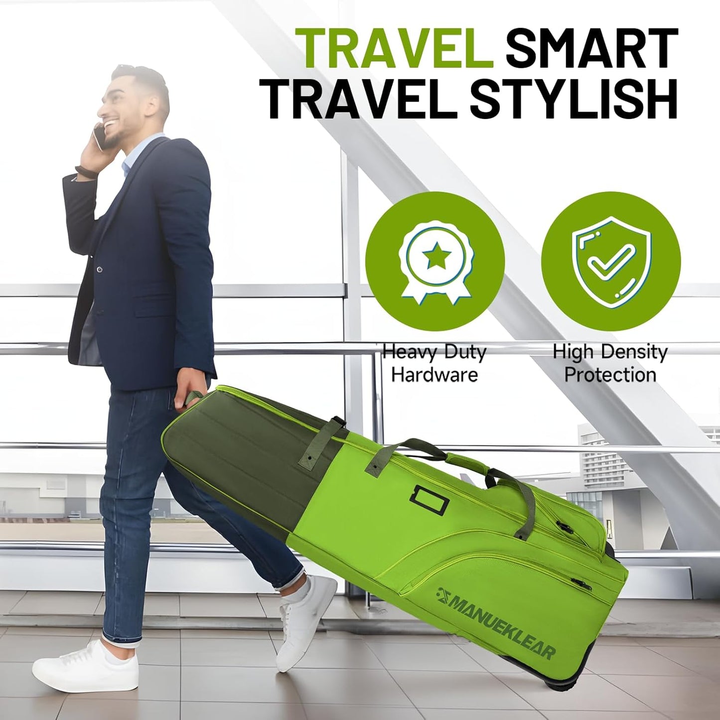 MANUEKLEAR 1680D Nylon Travel Golf Bags Club for Airlines with Wheels, Golf Travel Bags for Airlines with Padded Top, Golf Travel Case Cover with 3 Large Pocket for Golfer