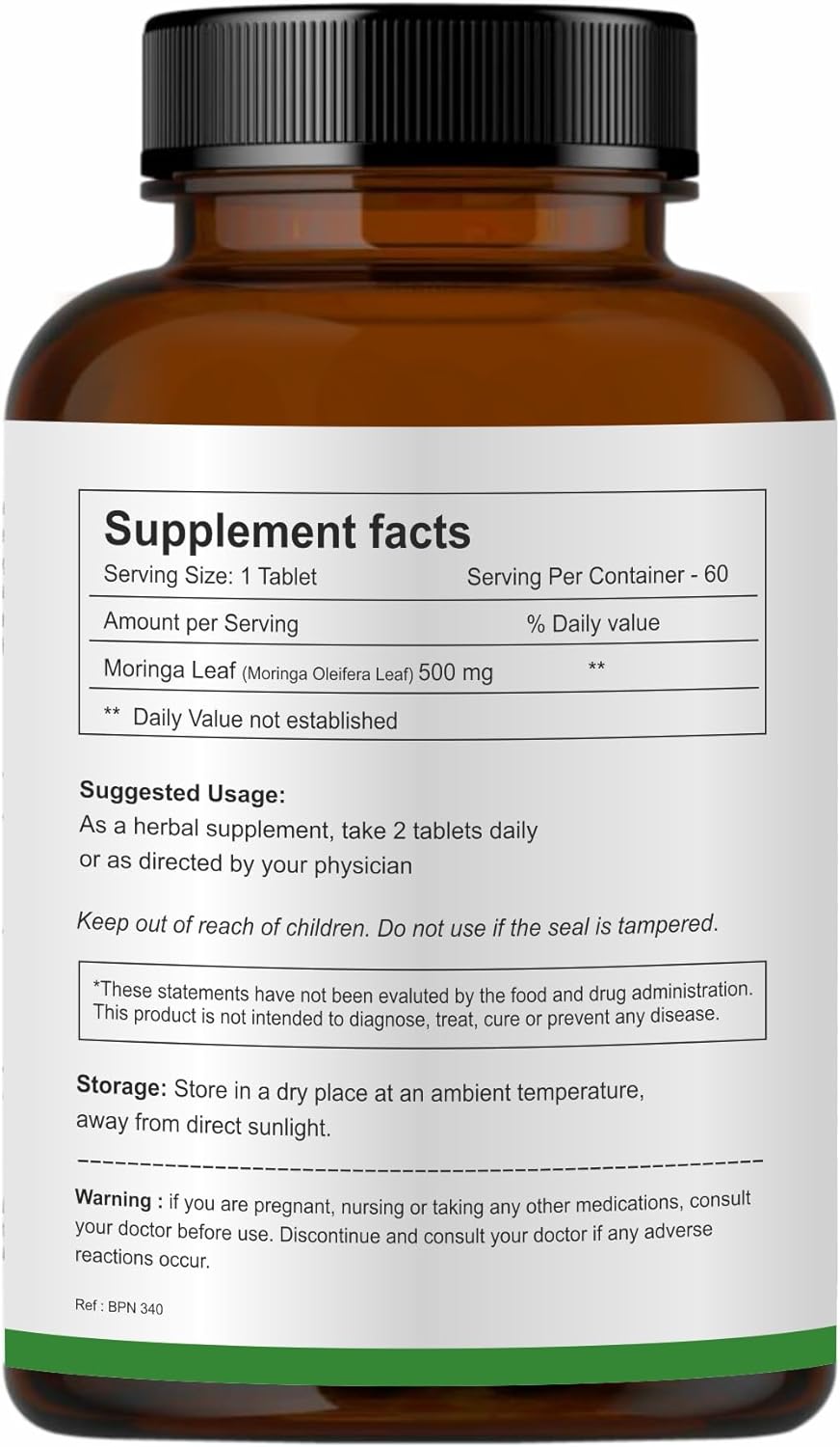 Organic Moringa Leaf Tablets 60 Tablets (500mg), Non-GMO and Gluten Free Supplemen, Uncoated Malunggay Herbal Supplement, Complete Green Superfood