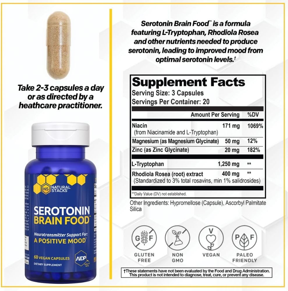 Serotonin Brain Food - 1250mg L-Tryptophan & 400mg Rhodiola Rosea Supplement - Mood Support Supplement for Stress Relief - Neurotransmitter Support with Magnesium Glycinate & Zinc - 60 Capsules