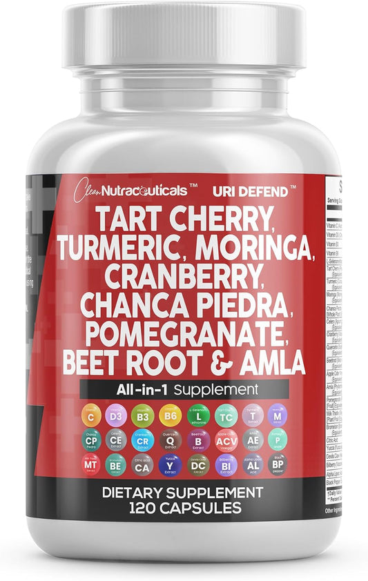 Clean Nutraceuticals Tart Cherry Extract Capsules with Turmeric Moringa Cranberry Chanca Piedra Celery Quercetin ACV Pomegranate L Selenomethionine - Uric Levels - 120 Ct
