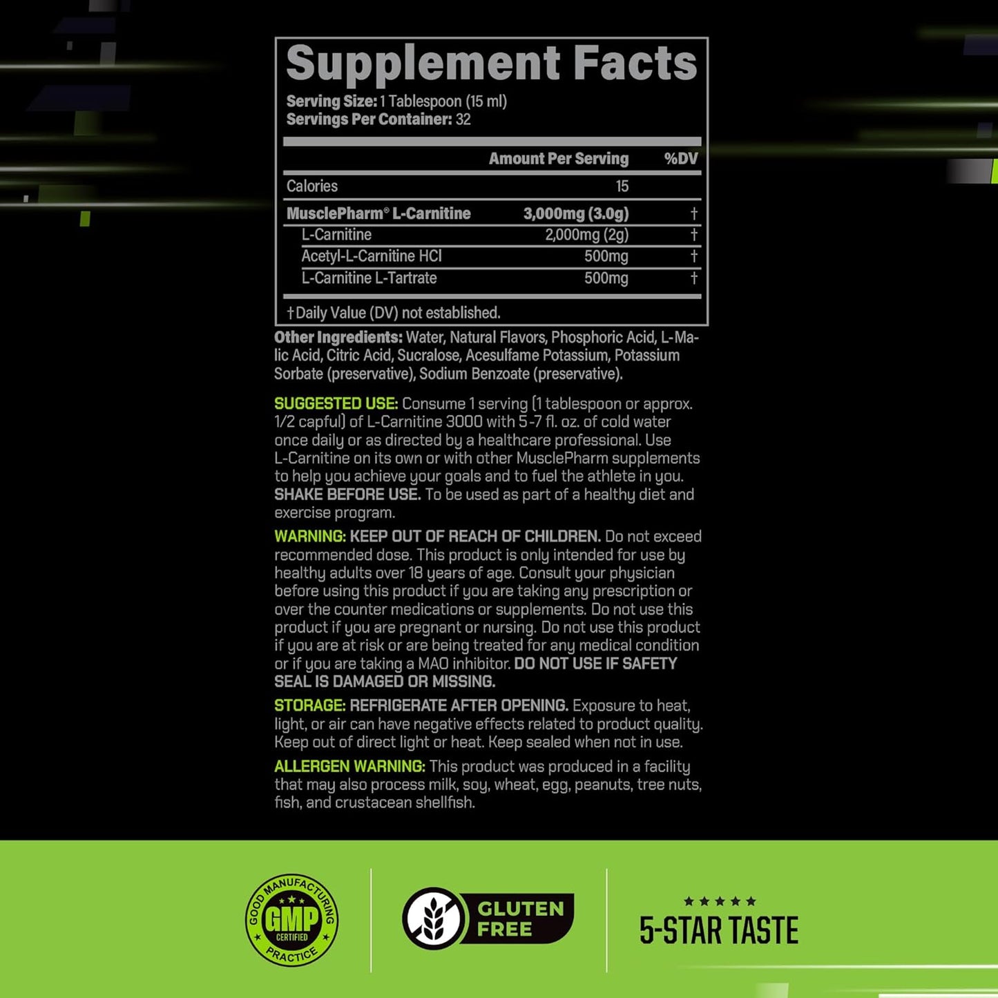 Muscle Pharm L-Carnitine 3000, The Ultimate Liquid L Carnitine Supplement for High-Performance, Supports Metabolism, Hydration & Energy, Zero Sugar/Calories, Peach Nectarine Flavor, 32 Servings
