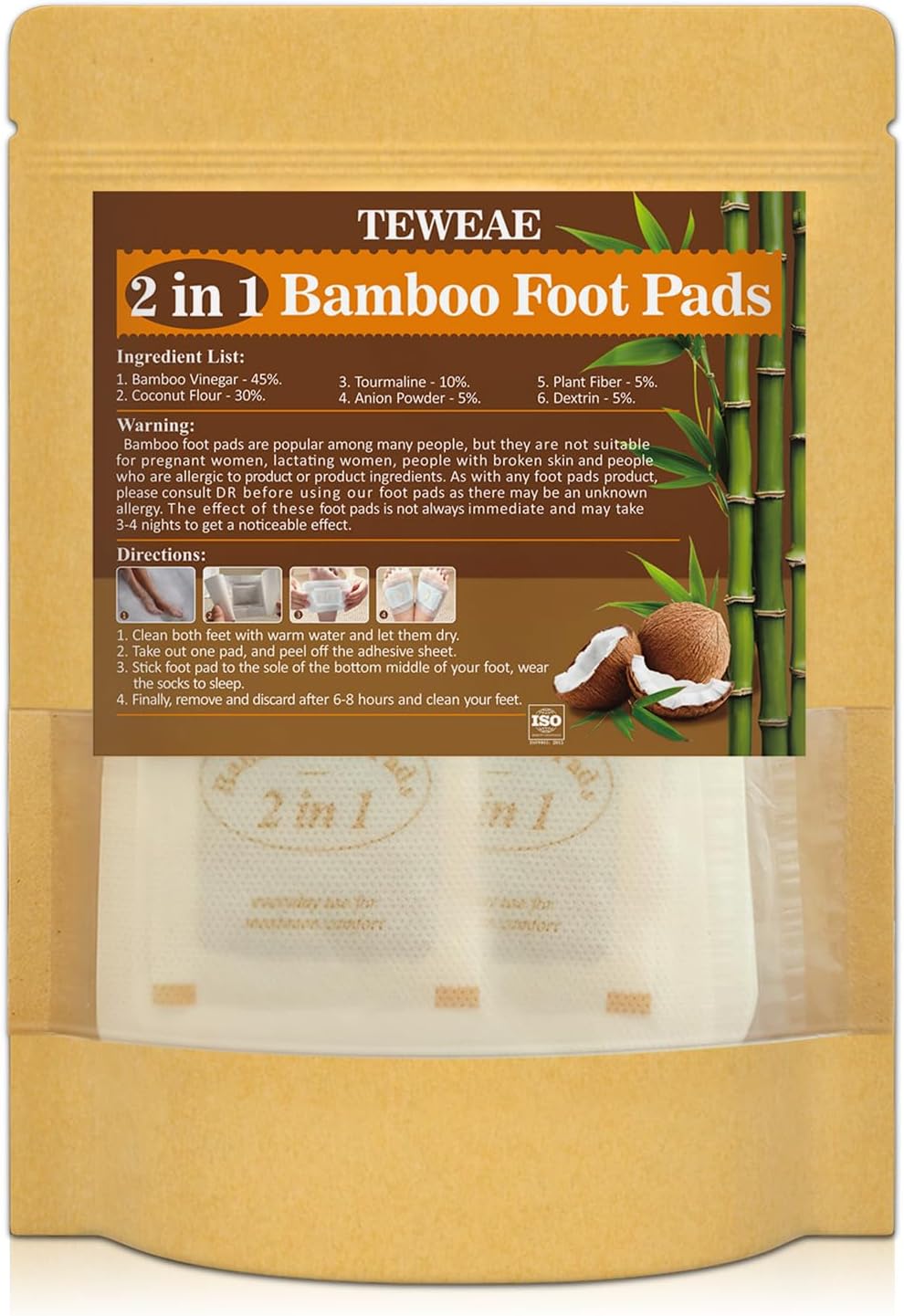 2 in 1 Foot Pads, 24Pads Bamboo Vinegar Coconut Shell Powder Feet Pads with ''Stay in Place'' Bigger Adhesive Sheet