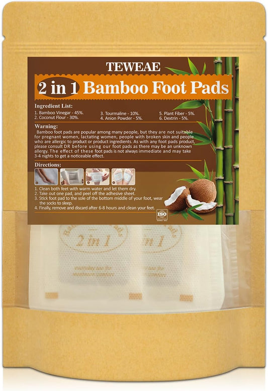 2 in 1 Foot Pads, 24Pads Bamboo Vinegar Coconut Shell Powder Feet Pads with ''Stay in Place'' Bigger Adhesive Sheet