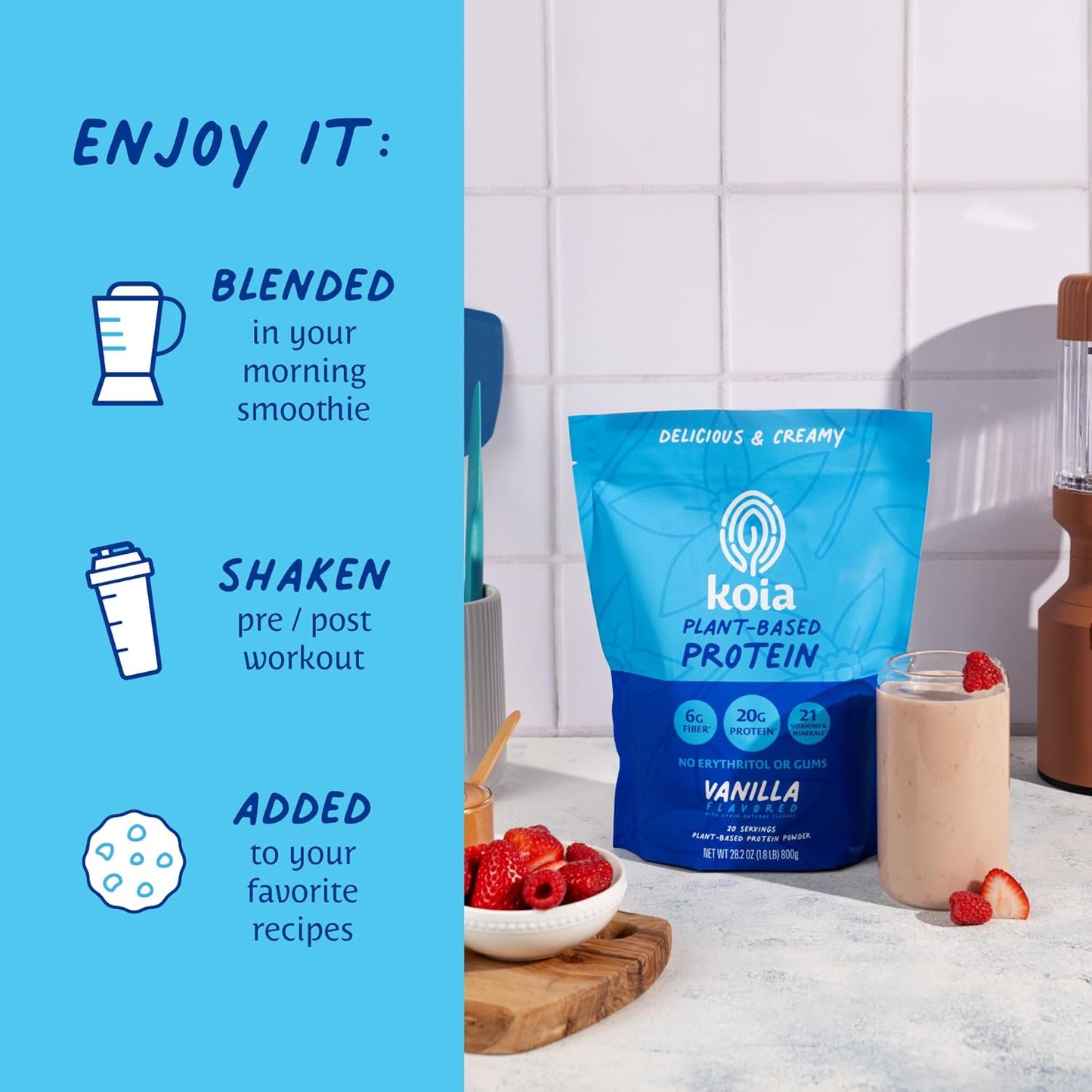 Koia Plant Based Protein Powder, Vanilla, 20g Protein, 3g Sugar, 6g Prebiotic Fiber, Pre & Post Workout, 21 Vitamins & Minerals, No Seed Oils, Dairy-Free, Gluten-Free, Non-GMO, 20 Servings, 28.2 Oz