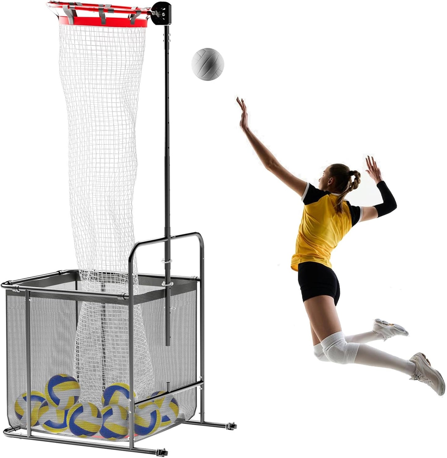 Pro Volleyball Setter Training Equipment Volleyball Setting Trainer Practice Net with 2 Target Hoop Size & 6 Angles & 13 Height Adjustment Ball Collection Bag Indoor Outdoor Practice