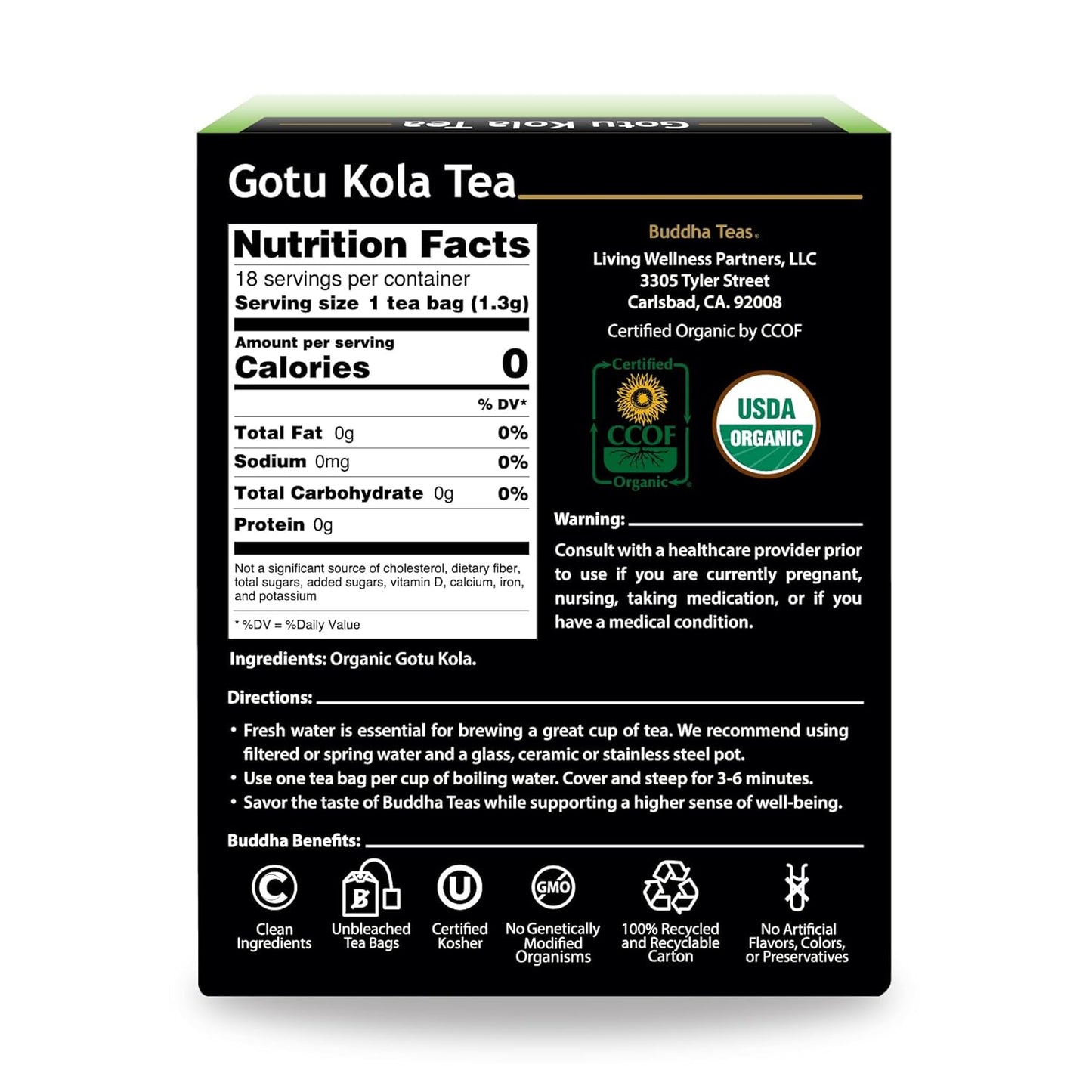 Buddha Teas - Organic Gotu Kola Tea - Herbal Tea - For Health & Wellbeing - With Antioxidants & Minerals - Clean Ingredients - Caffeine Free - OU Kosher & Non-GMO - 18 Tea Bags (Pack of 1)
