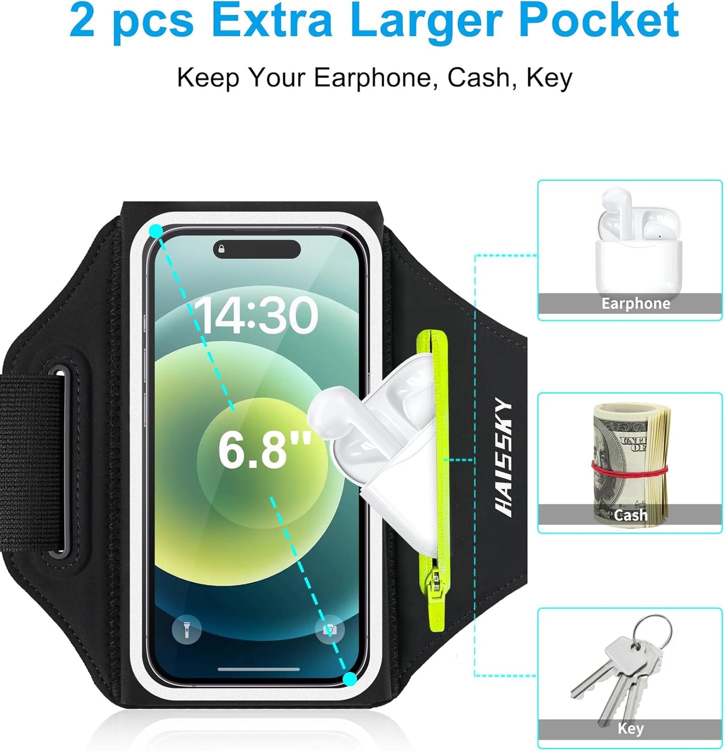 Arm Band for Phone for Running with Foldable Straps, 6.9‘’ Running Armband Phone Holder for iPhone 16 15 14 13 12 11 Pro Max Galaxy Pixel, Running Essentials for Women with Car Home Key Earphone Bag